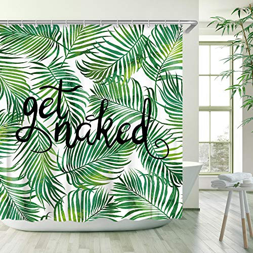 Stacy Fay Green Leaves Get Naked Shower Curtain, Shower Curtains Set with 12 Hooks, Waterproof Fabric Bathroom Curtain, Decorative Watercolor Green Leaves get Naked, 72x72 ''