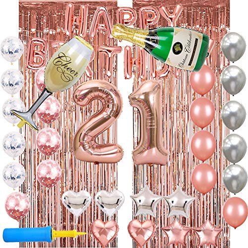 Rose Gold 21st Birthday Decorations Party Supplies For Her, Champagne Balloon, 21 Balloons, Rose Gold Foil Fringe Curtains, Happy Birthday Balloon Foil, Silver and Rose Gold Confetti Balloons. Rose Gold 21st Birthday Decorations Party Supplies For Her, Champagne Balloon, 21 Balloons, Rose Gold Foil Fringe Curtains, Happy Birthday Balloon Foil, Silver and Rose Gold Confetti Balloons.