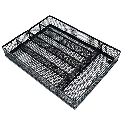 Mesh Metal Cutlery Tray, 5 Compartments Kitchen Drawer Organizer for Utensil Flatware Dividers Cutlery (Black, 5 Compartments)