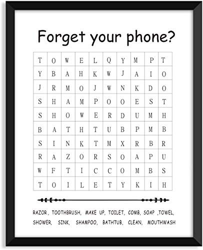 CQNET Funny Bathroom Word Search Puzzle Wall Art Poster - Forget Your Phone? Crossword Puzzle Print - Wash Room Wall Decor Signs - Black and White Saying Decor Print - 11" x14" UNFRAMED