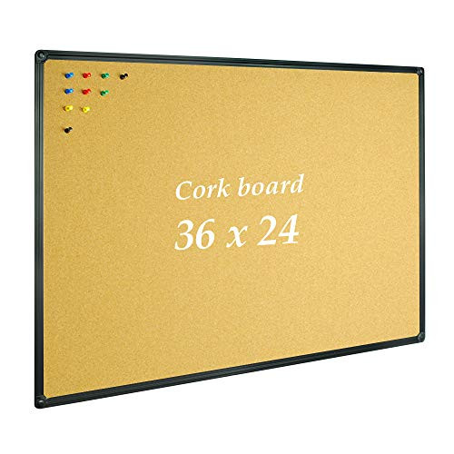 JILoffice Corkboard Bulletin Board 36 x 24 Notice Board, Black Aluminum Frame Wall Mounted Board for Office Home and School with 10 Push Pins