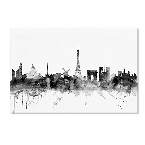 Paris France Skyline B&W by Michael Tompsett, 12x19-Inch Canvas Wall Art