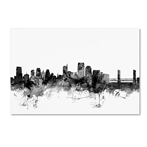 Sacramento CA Skyline B&W by Michael Tompsett, 12x19-Inch Canvas Wall Art