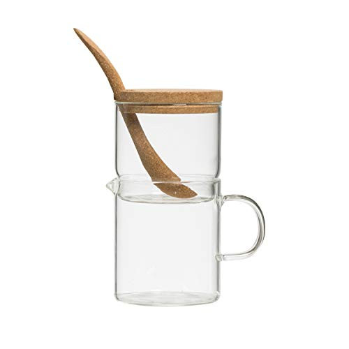 Creative Co-op Stackable Clear Glass Sugar & Creamer with Cork Lid & Spoon (Set of 3 Pieces) Serveware