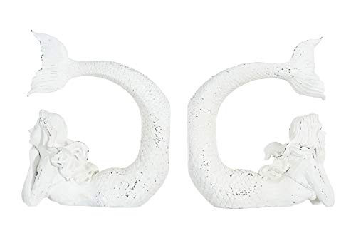 Creative Co-op Distressed Stone Resin Mermaid (Set of 2 Pieces) Bookends, White