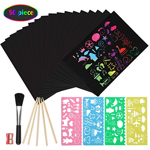 BASBE Scratch Art Paper for Kids---50 Pcs Magic Rainbow Scratch Off Paper Set Scratch Paper Art Kits for Children Girls Boys Birthday Game Party Favor Christmas Easter Craft Gifts