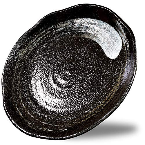 Mino Ware Japanese Pasta Bowl, Rice Soup Sarada Curry Rice, Black Crystal White Basting Design, 9 inch