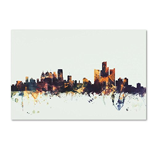 Detroit Michigan Skyline by Michael Tompsett, 12x19-Inch Canvas Wall Art