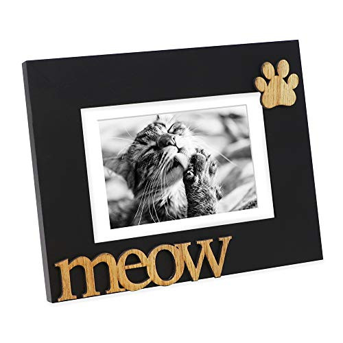 Isaac Jacobs Black Wood Sentiments Cat Meow Picture Frame, 5x7 inch with Mat, Photo Gift for Pet Cat, Kitten, Display on Tabletop, Desk (Black, 5x7 (Matted 4x6))