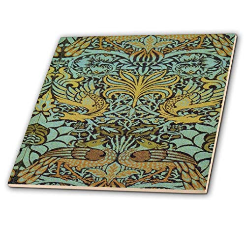3D Rose Image of William Morris Peacock and Dragon in Gold and Aqua Ceramic Tile, Multicolor 3D Rose Image of William Morris Peacock and Dragon in Gold and Aqua Ceramic Tile, Multicolor