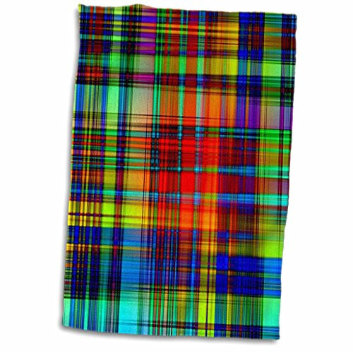 3D Rose Image of Neon Plaid of Red Blue Aqua and Yellow Hand Towel, 15" x 22"