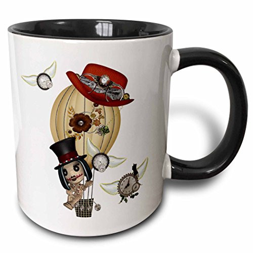 3dRose 102668_4 Gothic Laveau Hot Air Balloon Steampunk Art Ceramic Mug, 11oz, Black/White
