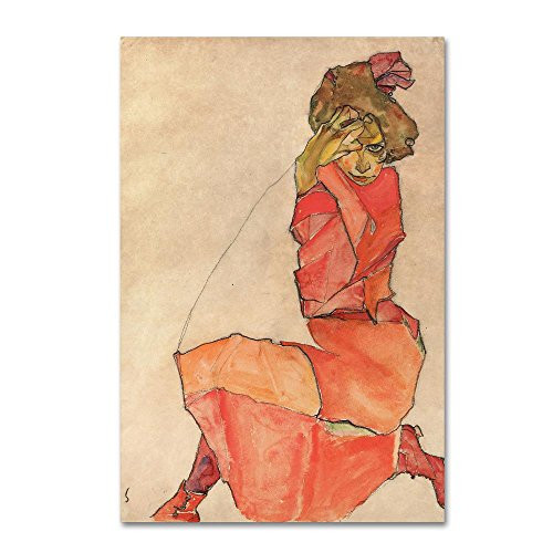 Kneeling Woman In Orangered Dress by Egon Schiele, 16x24-Inch Canvas Wall Art