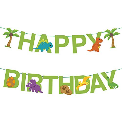 Dinosaur Happy Birthday Banner include Coconut Tree Dinosaur Eggs Flying Bird Dinosaur Fossil Overlord Dinosaur Spinosaurus Diplodocus and Brontosaurus