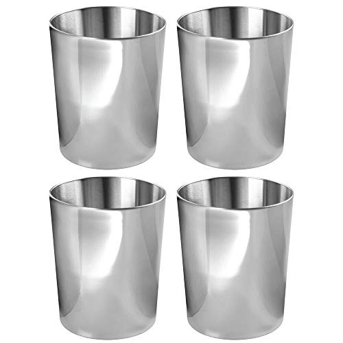 mDesign Round Metal Small Trash Can Wastebasket, Garbage Container Bin for Bathrooms, Powder Rooms, Kitchens, Home Offices - Durable Stainless Steel, 4 Pack - Polished