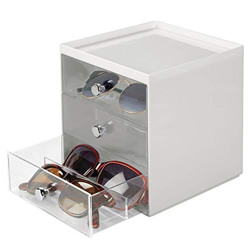 mDesign Stackable Plastic Eye Glass Storage Organizer Box Holder for Sunglasses, Reading Glasses, Accessories - 3 Divided Drawers, Chrome Pulls - Light Gray/Clear