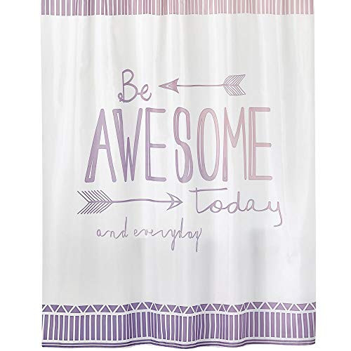 mDesign Decorative Be Awesome Quote - Easy Care Fabric Shower Curtain with Reinforced Buttonholes, for Bathroom Showers, Stalls and Bathtubs, Machine Washable - 72" x 72" - Light Purple/White