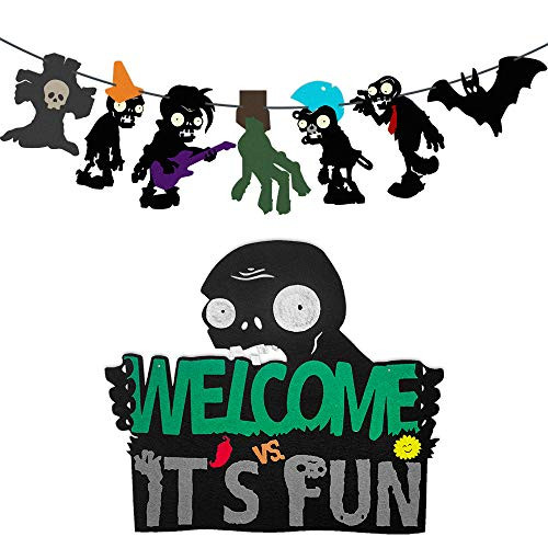 TGE-V Plants VS Zombies Party Banner,Welcome Hanger Door Sign for Various of PVZ/Halloween Party Supplies Decorations/Kids Room Decor, Banner Comes Assembled, 2 PCS