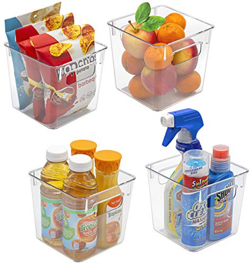 Sorbus Plastic Storage Bins Clear Pantry Organizer Box Bin Containers for Organizing Kitchen Fridge, Food, Snack Pantry Cabinet, Fruit, Vegetables, Bathroom Supplies, (Square, 4-Pack)