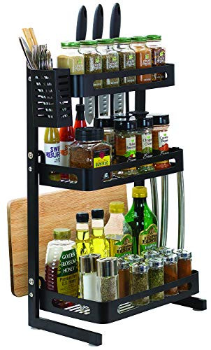 Sorbus 3-Tier Kitchen Spice Rack Utensil Holder, Countertop Freestanding Shelf Organizer for Jars, Bottles, etc, Includes Knife, Cutlery, Chopping Board Storage, plus 3 Hooks, Metal (Black, 3-Tier)