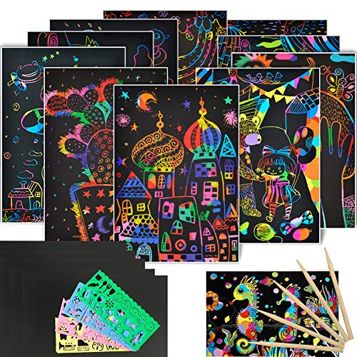Scratch Art Paper Set for kids 50 Pcs Rainbow Scratch Paper 4 Drawing Stencil Magic Scratch off Art Craft Supplies Kits Doodle Pads DIY Painting Sheets Boards Easter Party Game Christmas Birthday Gift