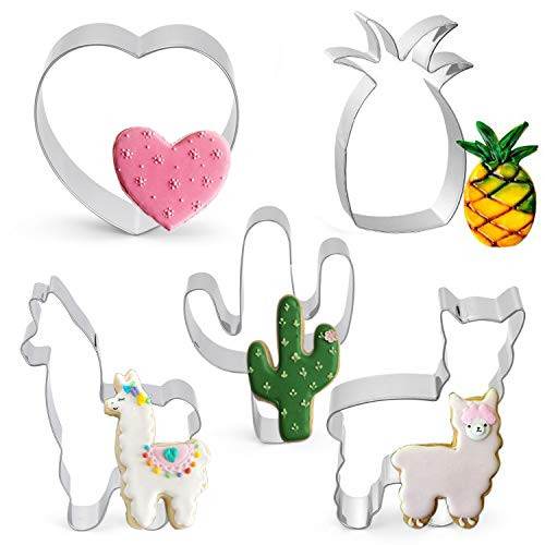 5 Pcs Cookie Cutters Llama Cactus Heart Pineapple Shaped Stainless Steel Cutters Molds Cutters for Making Muffins, Cake, Fondant,Pancake Biscuits,Sandwiches
