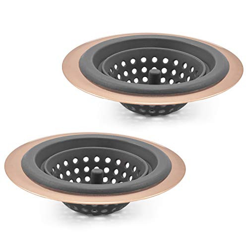 COOK with COLOR Set of 2 Sink Strainers, Flexible Silicone Kitchen Sink Drainers, Traps Food Debris and Prevents Clogs, Large Wide 4.5 Diameter Rim  Charcoal Grey and Copper