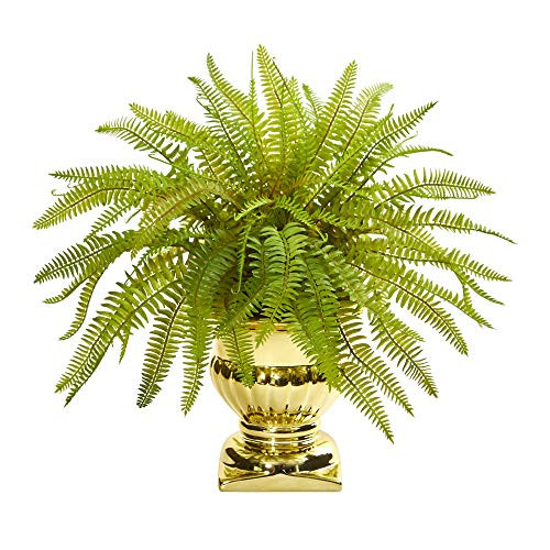 Nearly Natural 20 Fern Artificial Gold Urn Silk Plants Green