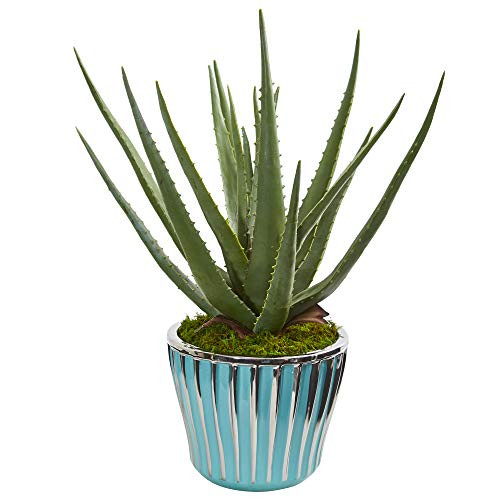 Nearly Natural 18 Aloe Artificial Turquoise Planter Silk Plants, Green