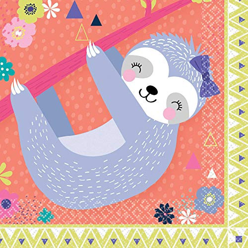 Amscan 502474 Sloth, Multi Beverage Party Napkins, 5" x 5", 16 Ct.