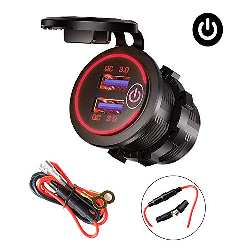 Quick Charge 3.0 USB Car Charger with Switch, Waterproof Dual USB QC 3.0 Fast Charger Socket 36W/12V Power Outlet for Marine Boat Rv Motorcycle Truck Golf Cart (Red)