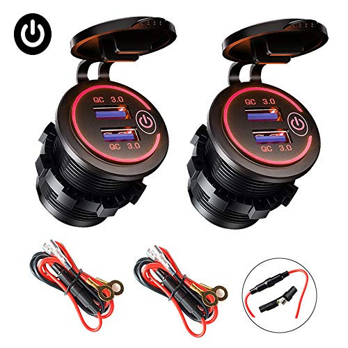 2-Pack Quick Charge 3.0 USB Car Charger with Switch, Waterproof Dual USB QC 3.0 Fast Charger Socket 36W/12V Power Outlet for Marine Boat Rv Motorcycle Truck Golf Cart (Red)