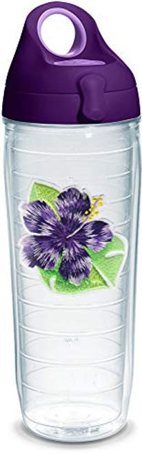 Tervis Island Hibiscus Insulated Tumbler with Emblem and Purple Lid, 24oz Water Bottle, Clear