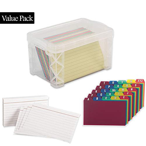Index Card Box Holder, Holds 300 Cards, Clear - With 100 Heavy Weight Ruled Index Card - and 100 Poly Card Guides A-Z - 4x6 - Great for Indexing Notes, Flash Cards, Lists, Recipes And More (4x6 Inch)