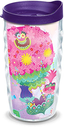 Tervis 1353665 DreamWorks Trolls - Lotta Love Insulated Tumbler with Wrap and Royal Purple Lid, 10oz Wavy, Clear
