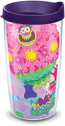 Tervis DreamWorks Trolls - Lotta Love Insulated Tumbler with Wrap and Royal Purple Lid, 16oz, Clear