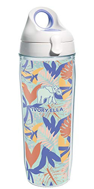 Tervis 1355531 Ivory Ella - Tropical Leaves Insulated Tumbler with Wrap and White with Purple Lid, 24oz Water Bottle, Clear Tervis 1355531 Ivory Ella - Tropical Leaves Insulated Tumbler with Wrap and White with Purple Lid, 24oz Water Bottle, Clear