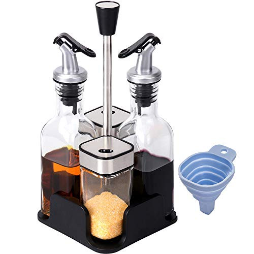 Kitchen Glass Condiment Set Oil and Vinegar Dispensers Salt Pepper Shaker Oil Dispensing Cruets,Olive Oil Spice Jars,Edible oil Seasoning Bottle (5 pieces),Includes Stand Base,