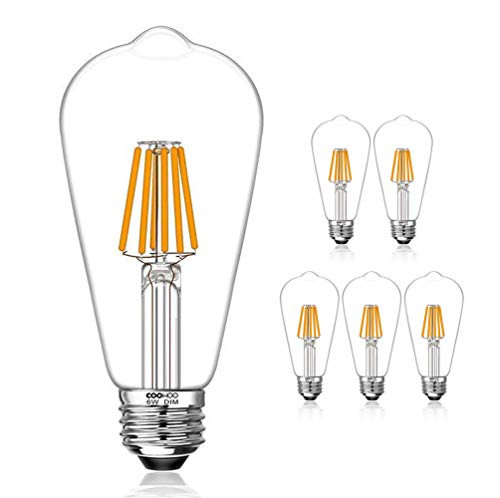 LED Edison Light Bulbs, 60W Equivalent Dimmable E26 Vintage Filament Pendant Light Bulbs, 2200K Warm White 6W UL-Listed Pack of 6