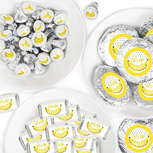 Big Dot of Happiness Lets Go Bananas - Mini Candy Bar Wrappers, Round Candy Stickers and Circle Stickers - Tropical Party Candy Favor Sticker Kit - 304 Pieces