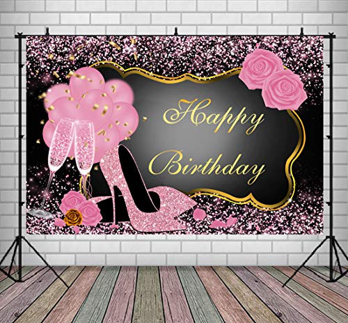 Sweet Pink Happy Birthday Photography Backdrop Rose Shiny Sequin High Heels Champagne Golden Frame Party Background 30th 40th 50th 60th Birthday Banner for Adults Women Photo Studio Props 9x6ft