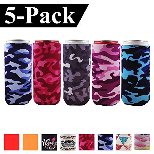 F-Five 5-Pack Slim Beer Can Cooler Sleeve - Tall Stubby Holder Foldable Stubby Holders Beer Cooler Bags Fits 12oz Energy Drink & Beer Cans,Michelob Ultra,Truly Red Bull,White Claw (Camouflage)