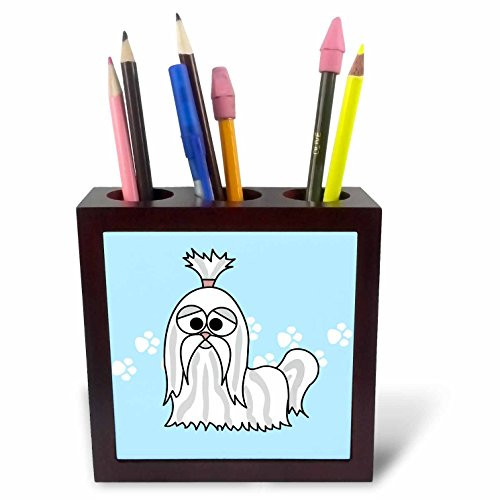 3dRose ph_6144_1 Grey and White Shih Tzu with Paw Prints Tile Pen Holder, 5-Inch