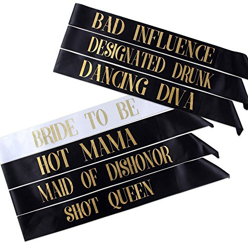 Pop Fizz Designs Bachelorette Sash Set (7 pcs) 1 White Bride to Be Sash + 1 Maid of Honor Sash + 5 Bachelorette Sashes for The Bride Tribe - Amazing Bachelorette Party Favors