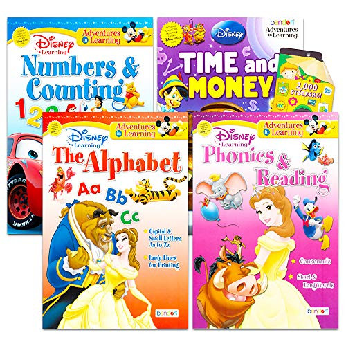 Disney Workbooks Super Set Kindergarten First Grade -- Bundle of 4 Workbooks with Reward Stickers (Disney Alphabet, Reading, Time, Money, Phonics, and More)