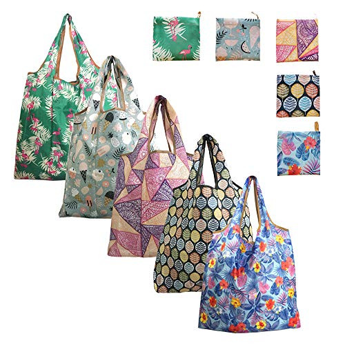 Reusable Grocery Bags Foldable 5 Pack Portable Sturdy Reinforced Nylon Tote Shopping Bags with Attach Pouch Washable Ripstop Durable Lightweight Waterproof Eco Friendly