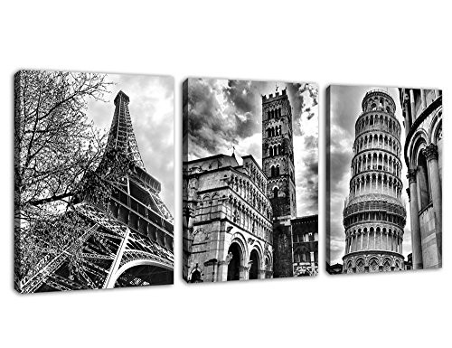 Wall Art Famous Architecture Canvas Picture Framed Ready to Hang Modern Building Canvas Prints Artwork for Home Office Decoration - Eiffel Tower Leaning Tower of Pisa Italy 12" x 16" x 3 Pieces