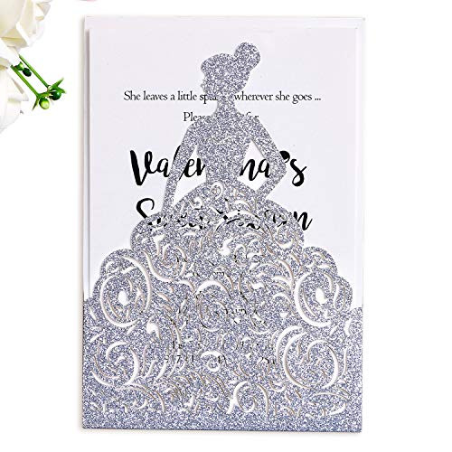 FEIYI 25PCS Laser Cut Wedding Invitations Cards for Birthday Sweet 15 Quinceañera Party Invite, Wedding Bridal Engagement Invite (Siver Glitter)