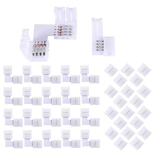 KINDPMA LED Light Strip Connector 20pcs 4 Pin RGB Gapless Connectors, 20pcs L Shape Right Angle 4 Pin Solderless Connector,10mm Strip to Strip Connector SMD 5050/3528