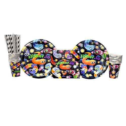 Cedar Crate Market Slither.io Birthday Party Supplies Pack for 16 Guests: Straws, Dinner Plates, Luncheon Napkins, and Cups
